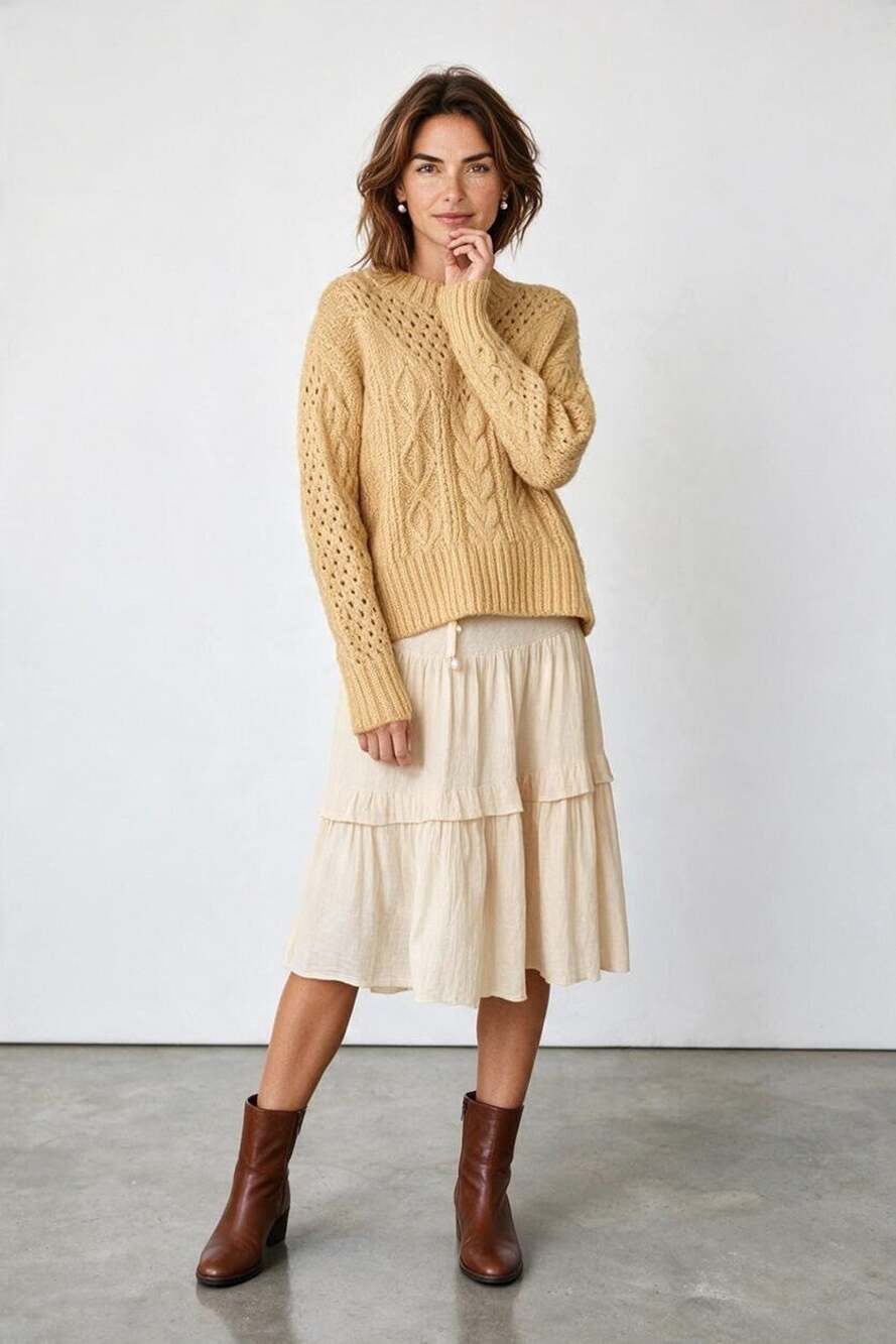 Taupe Ribbed trim Pointelle Crew neck long sleeve sweater S